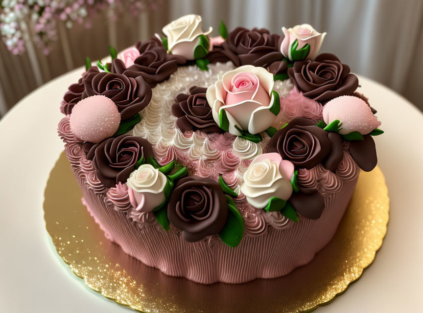 Heart-shaped cake with rose frosting and chocolate details on golden base