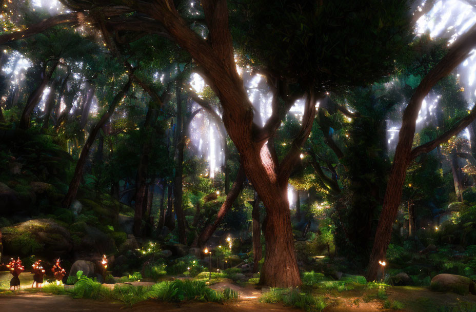 Sunlit enchanted forest glade with glowing lights