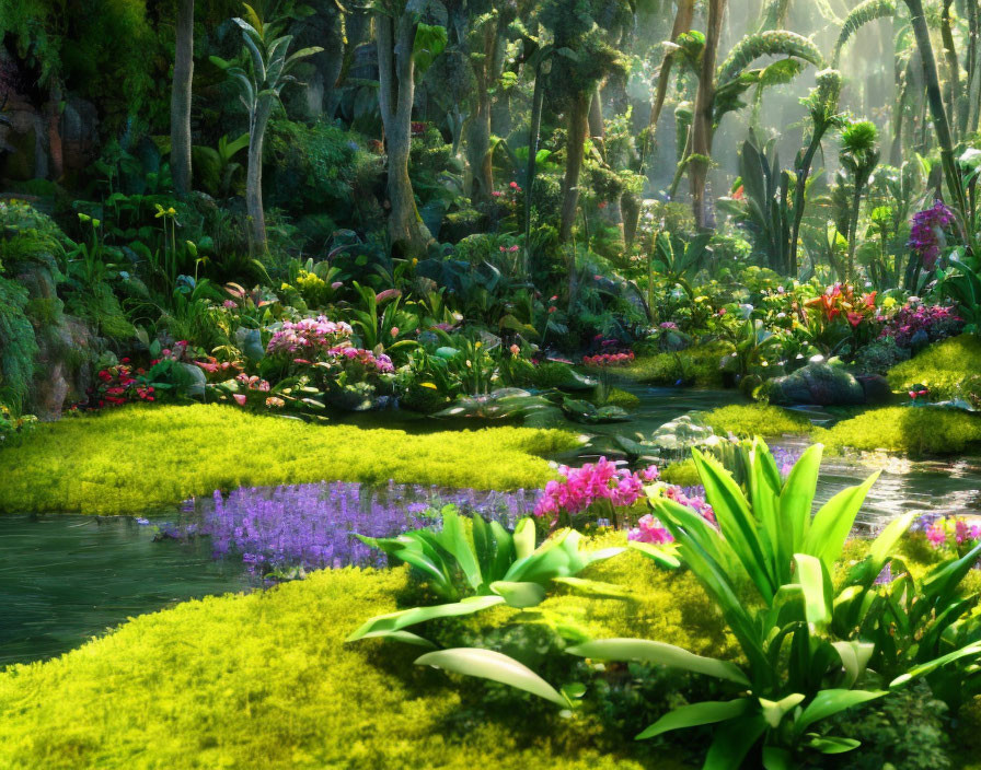 Serene forest scene with river, greenery, and flowers