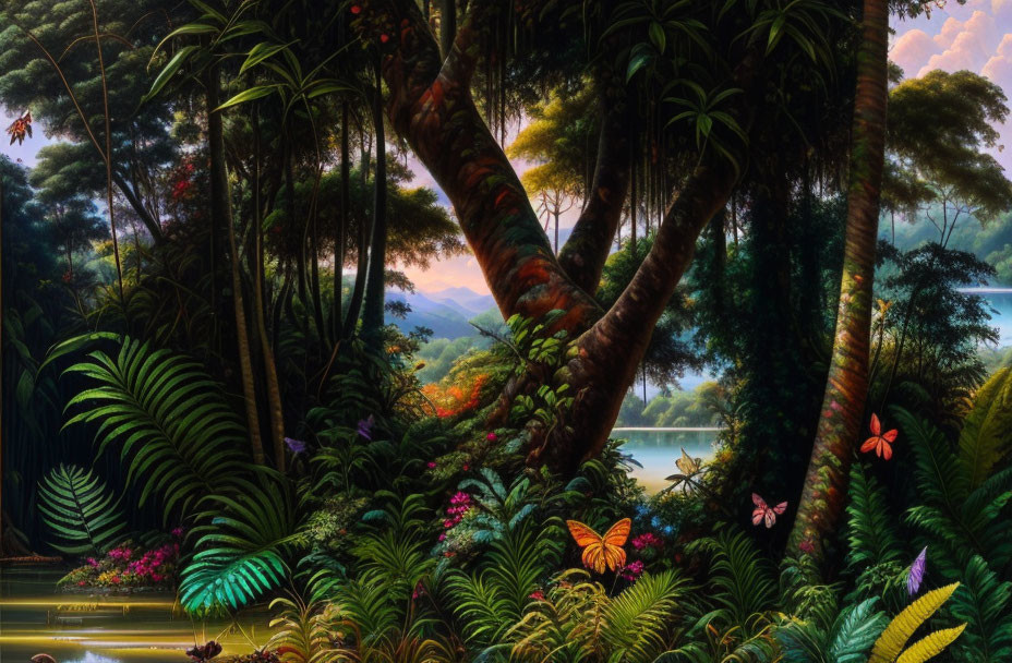 Lush tropical jungle scene with colorful butterflies by calm river