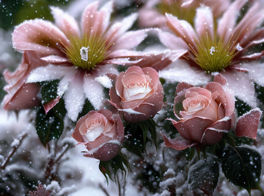 Snow-covered pale pink roses and clematis flowers in wintery setting