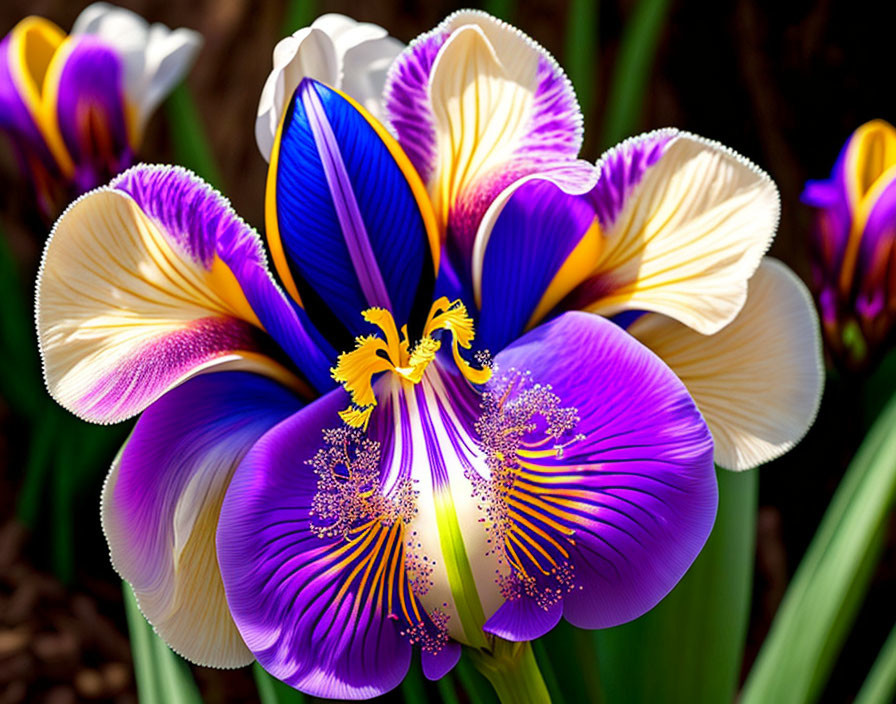 Vibrant purple and white iris flower with yellow accents and intricate patterns in sunlight