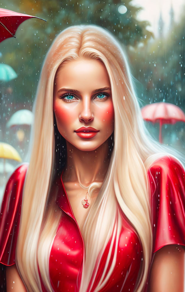 Blonde woman with blue eyes in red blouse under rainy sky.