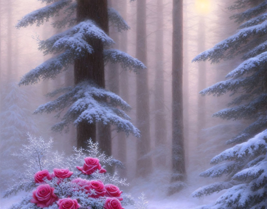 Snow-covered evergreens and pink roses in serene winter forest scene