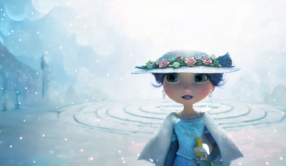 Animated character in floral hat in snowy, magical landscape