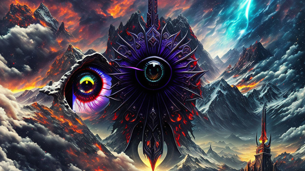 Ornate structure with cosmic eye, mountains, and nebula