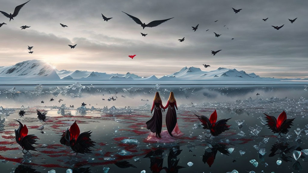 Surreal image of cloaked figure on water with butterflies and birds in polar landscape