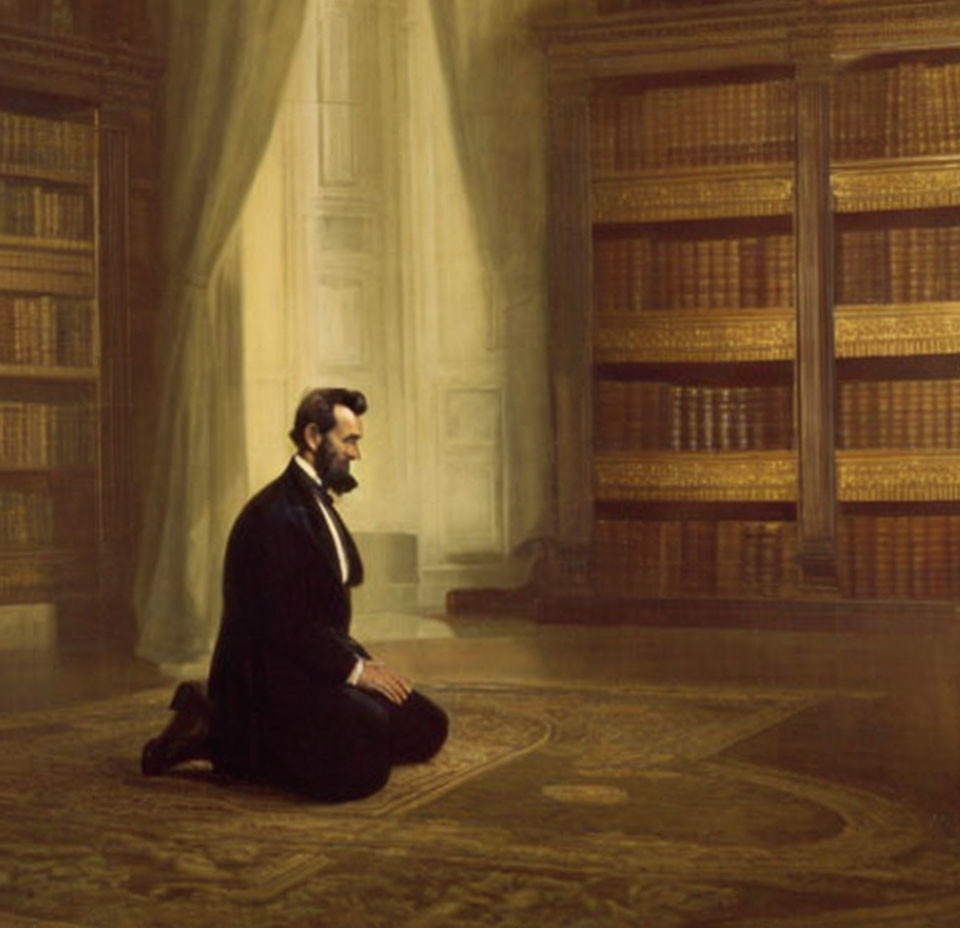 Man Contemplating in Classical Library with Sunlight Filtered Through Window