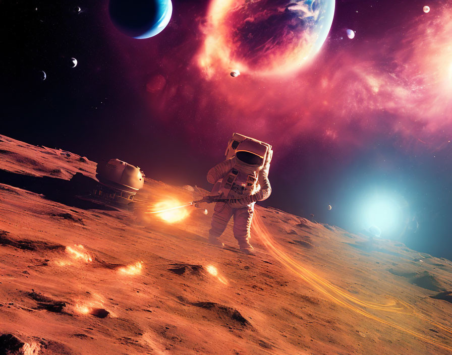 Astronaut with jetpack on rocky alien planet with moons and sun