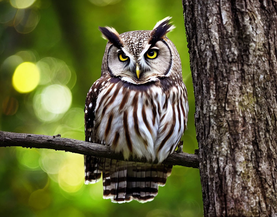 Striped Owl with Yellow Eyes on Green Bokeh Background