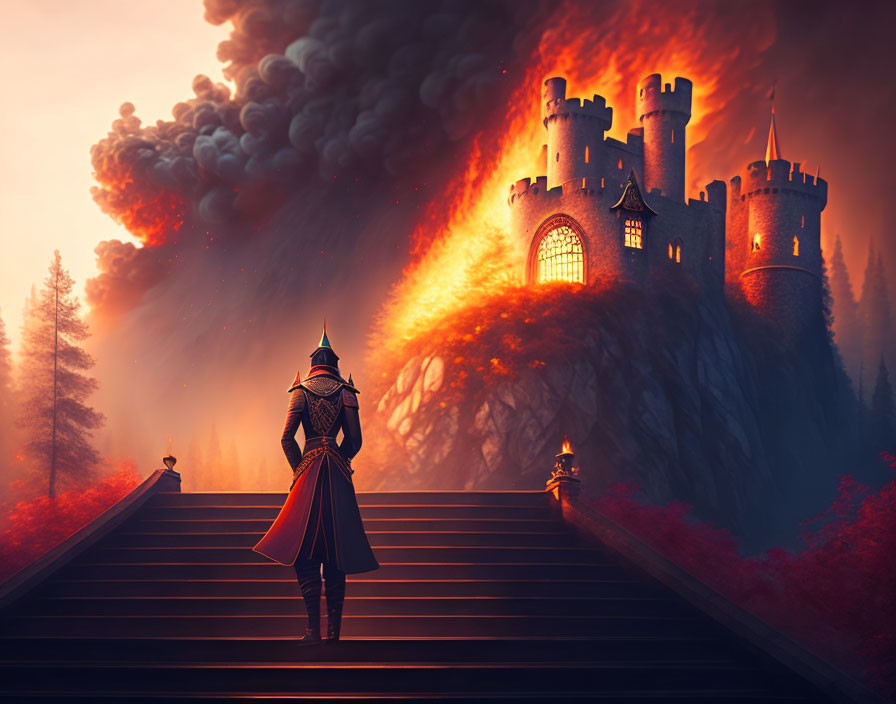 Armored knight in burning castle scene at sunset with forest and smoke-filled sky