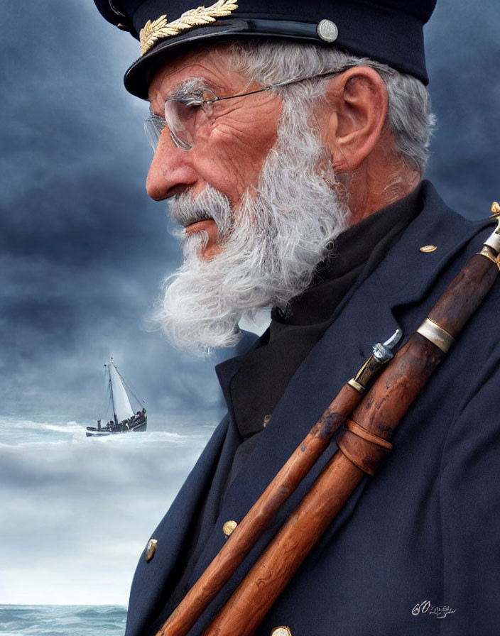 Elderly sea captain in navy uniform with telescope at stormy sea