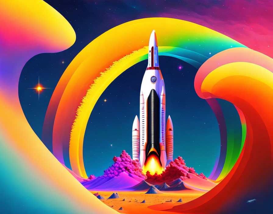 Colorful digital artwork of space shuttle launching in rainbow swirls