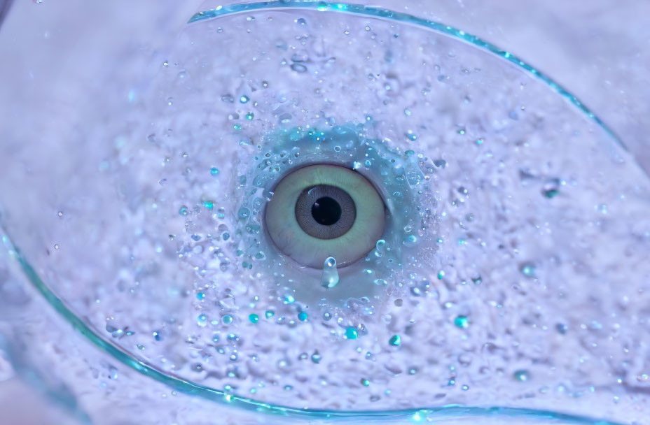 Detailed Close-Up of Human Eye Through Bubbly, Translucent Surface