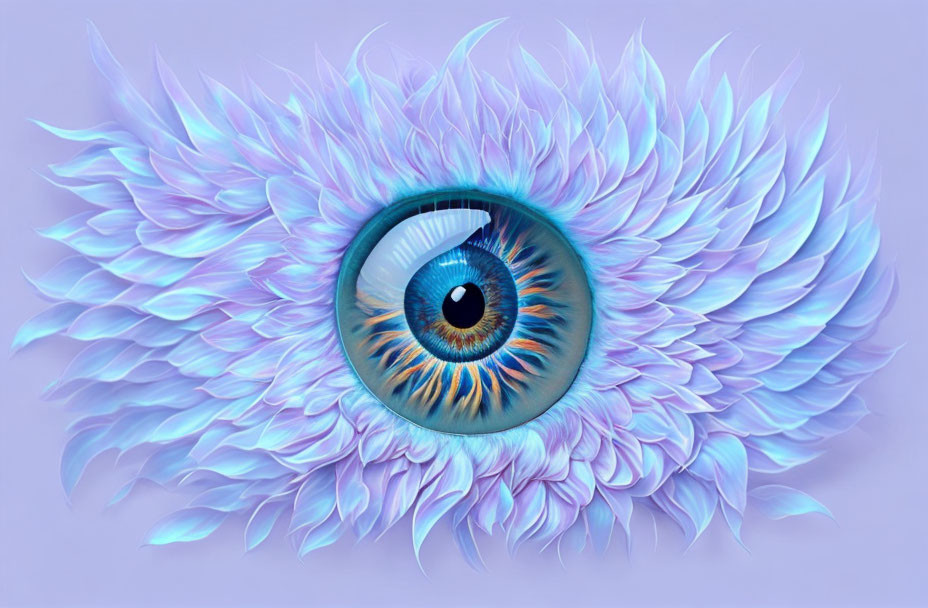 Detailed Blue Eye Surrounded by Feather-Like Layers in White and Purple