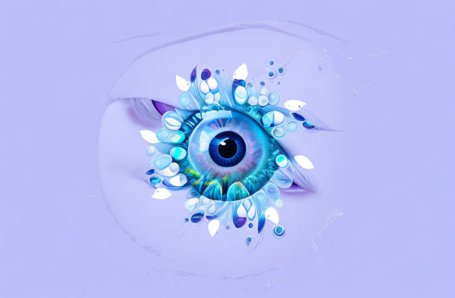 Detailed Eye Artwork with Blue Floral Patterns on Purple Background