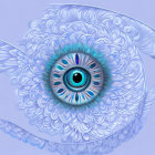 Detailed Blue Eye Surrounded by Feather-Like Layers in White and Purple