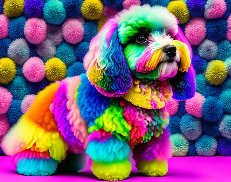 Colorful Rainbow-Dyed Dog Against Pom-Pom Backdrop