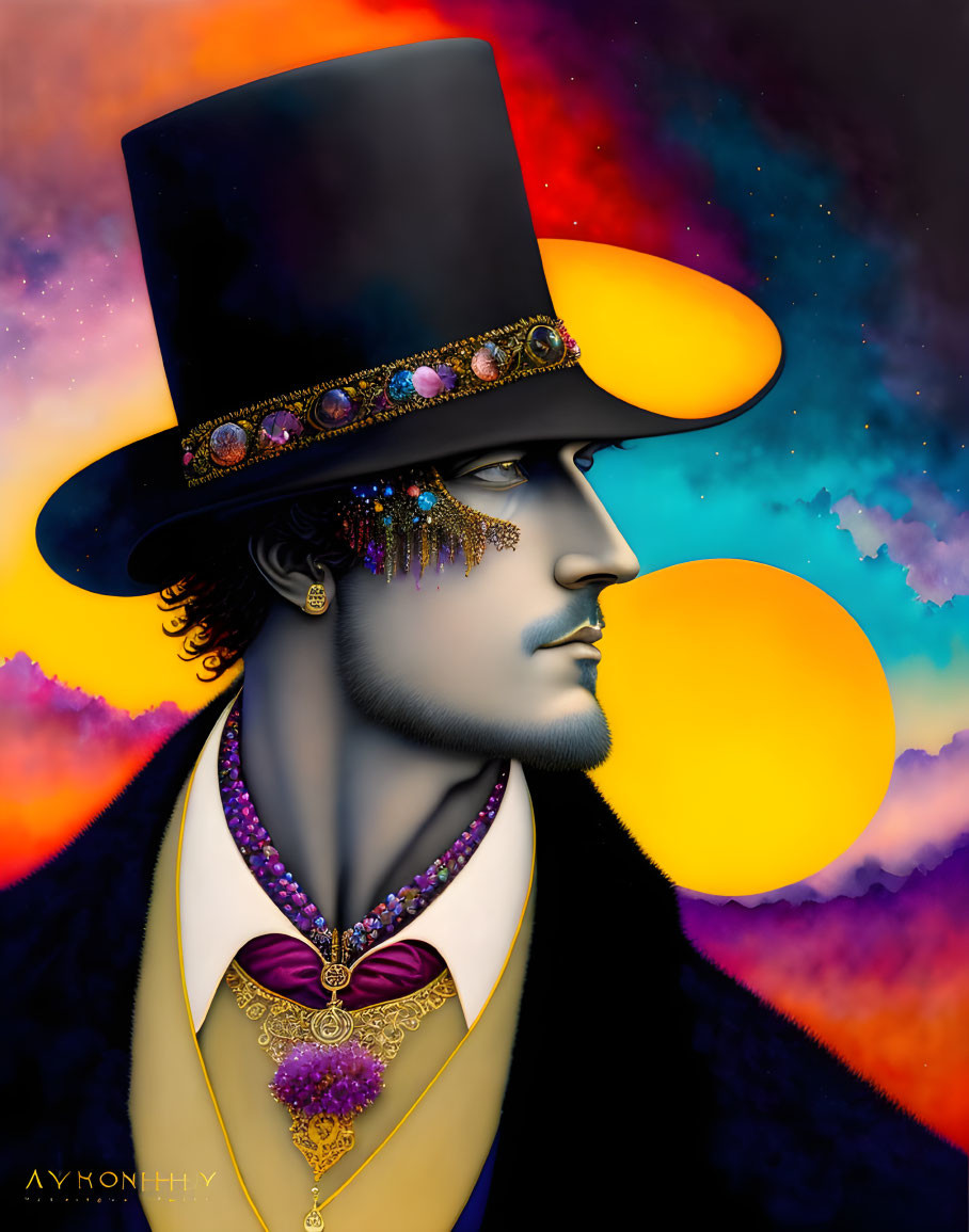 Profile portrait of a man with decorated top hat and ornate jewelry