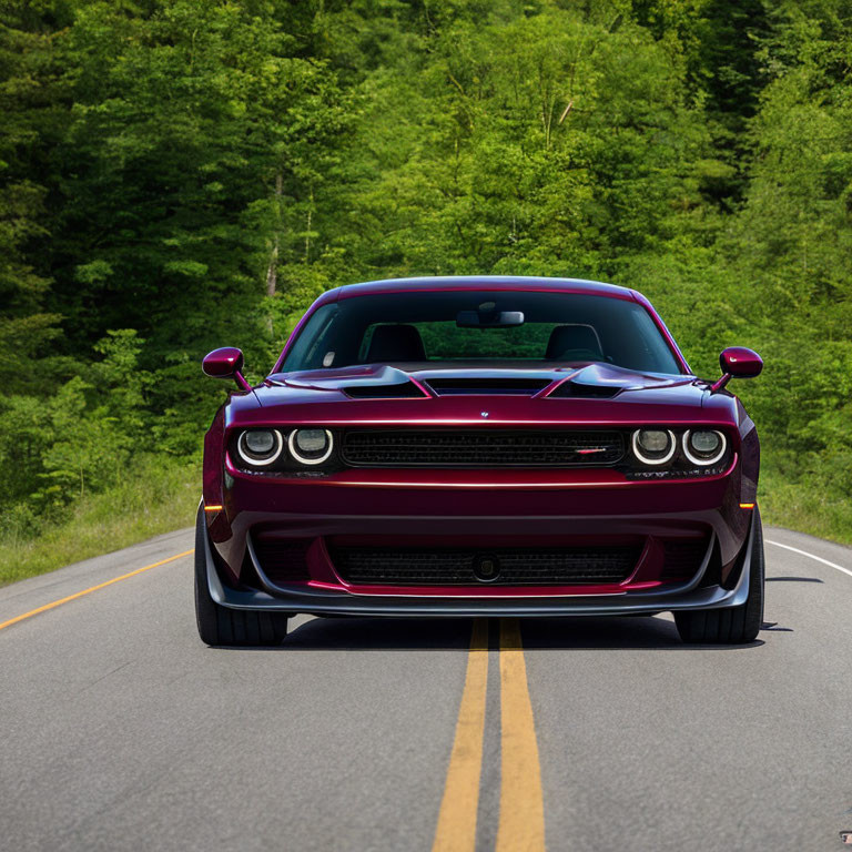 Red sports car on forest-lined road with headlights on