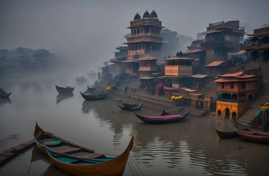 Historical buildings and wooden boats on misty river at dawn