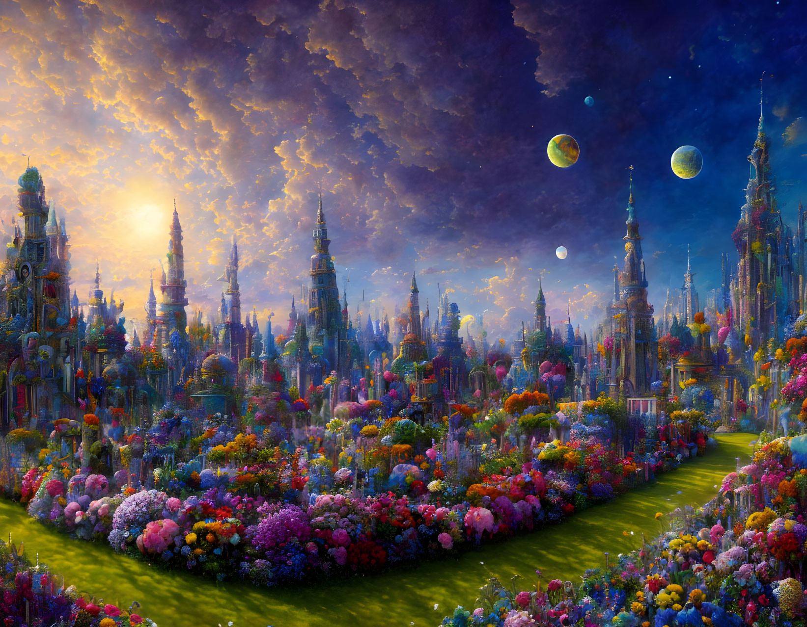 Colorful Fantasy Landscape with Floral Gardens and Celestial Bodies