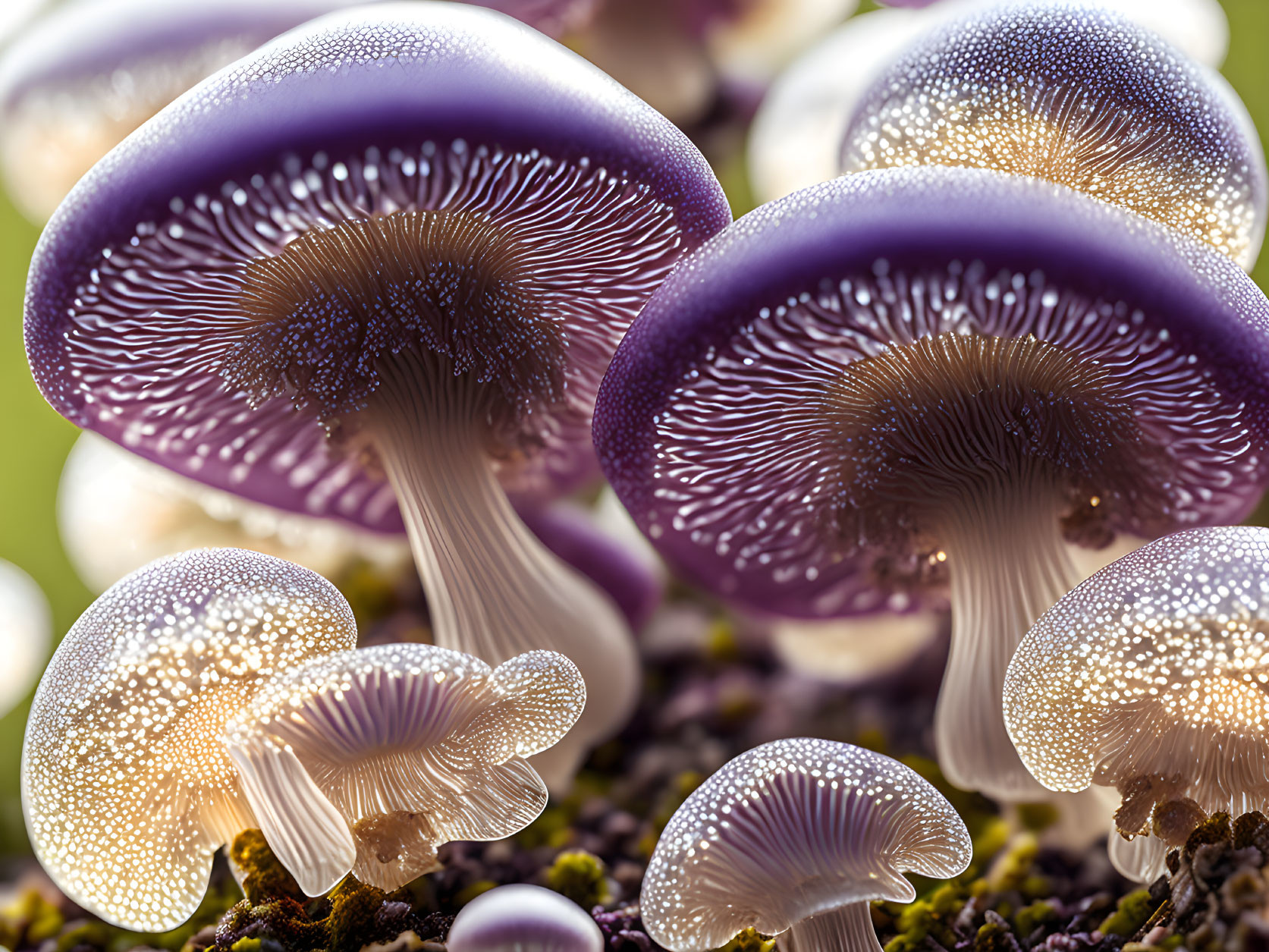 Bioluminescent purple mushrooms with intricate gill patterns on dark background