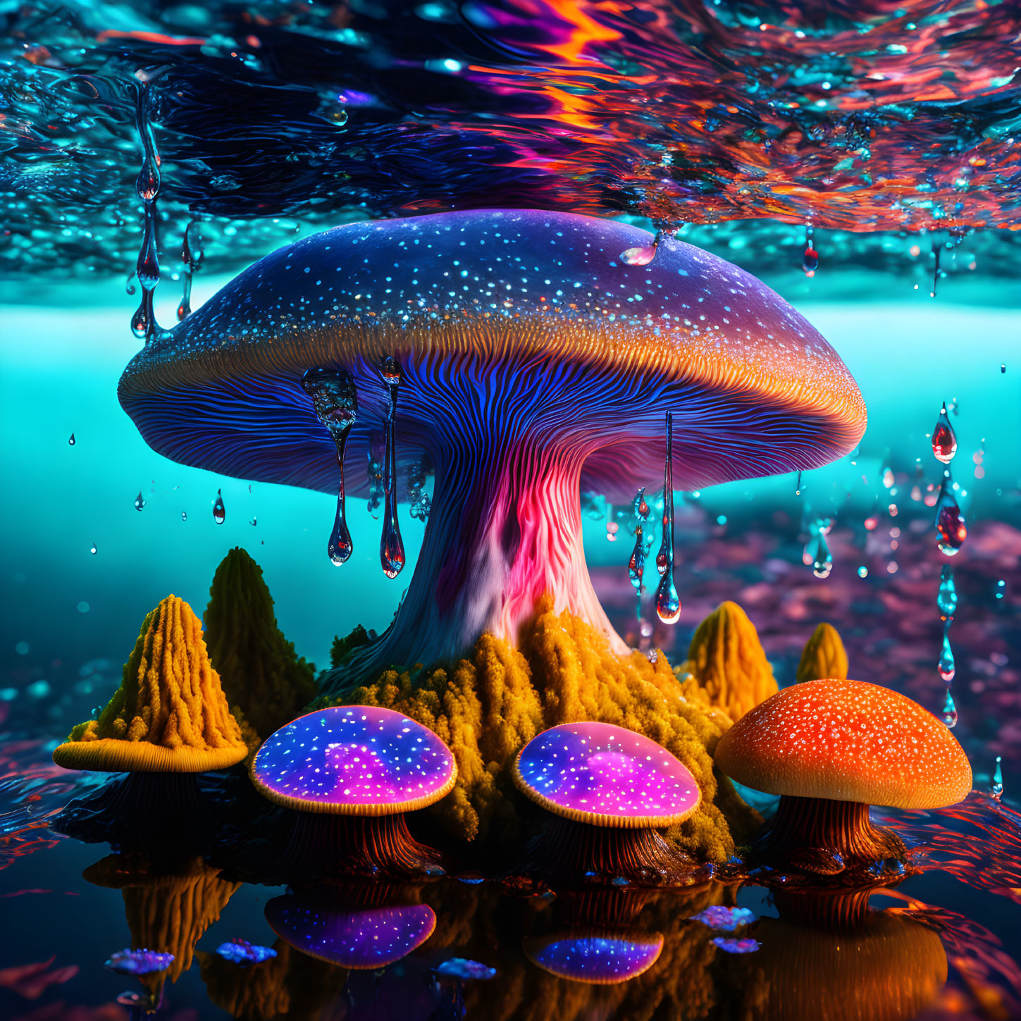 Colorful Underwater Fantasy Scene with Bioluminescent Mushroom