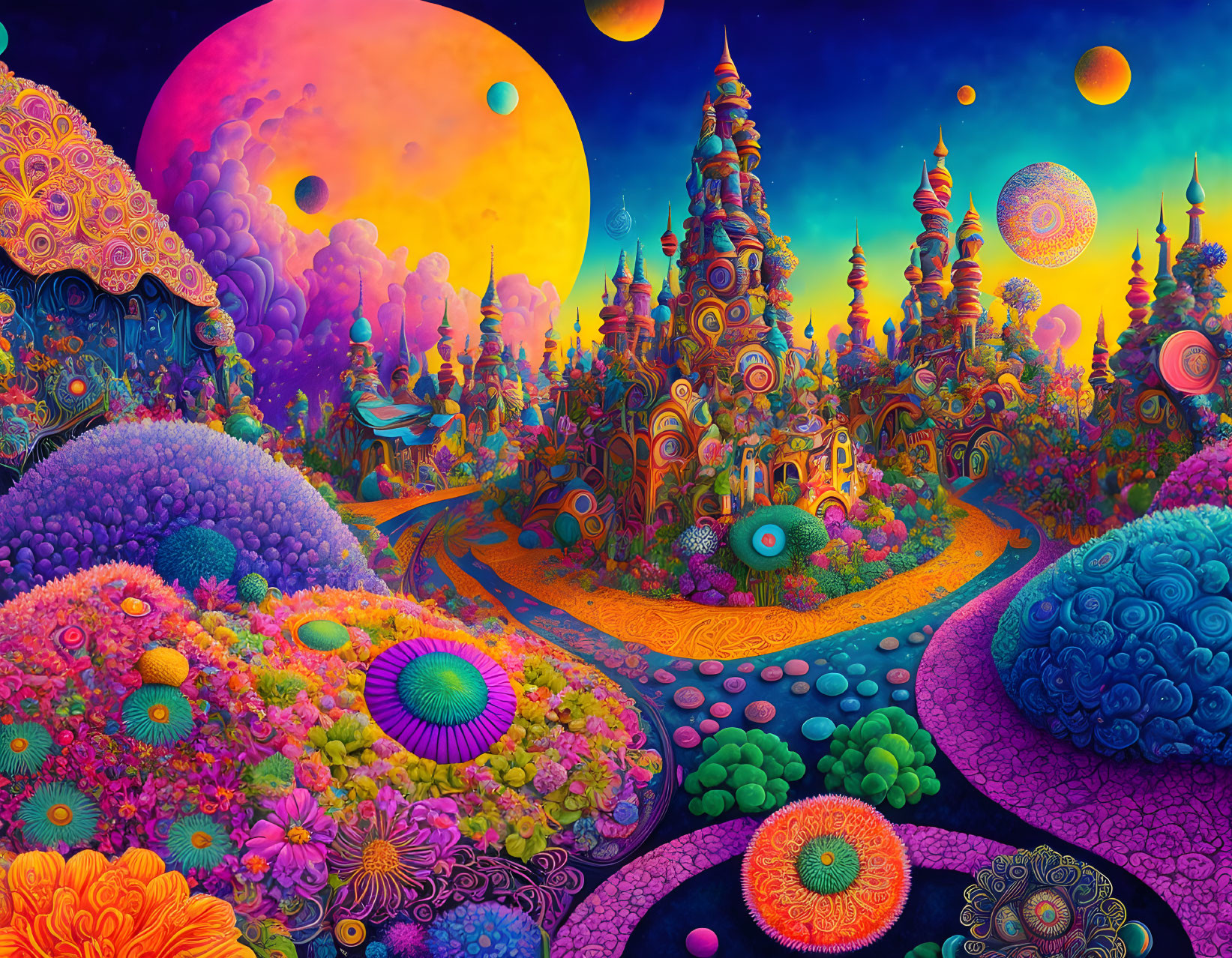 Colorful floral patterns and psychedelic architecture in a fantasy landscape