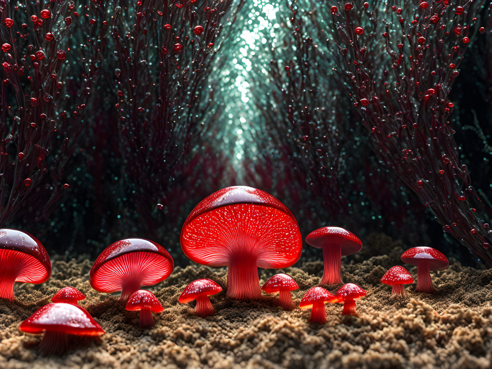 Vibrant red mushrooms in dim light with red-tipped growths background