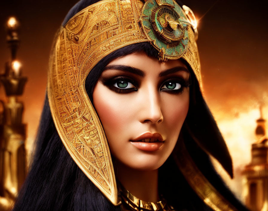 Woman with Striking Green Eyes in Golden Headdress at Ancient City Sunset