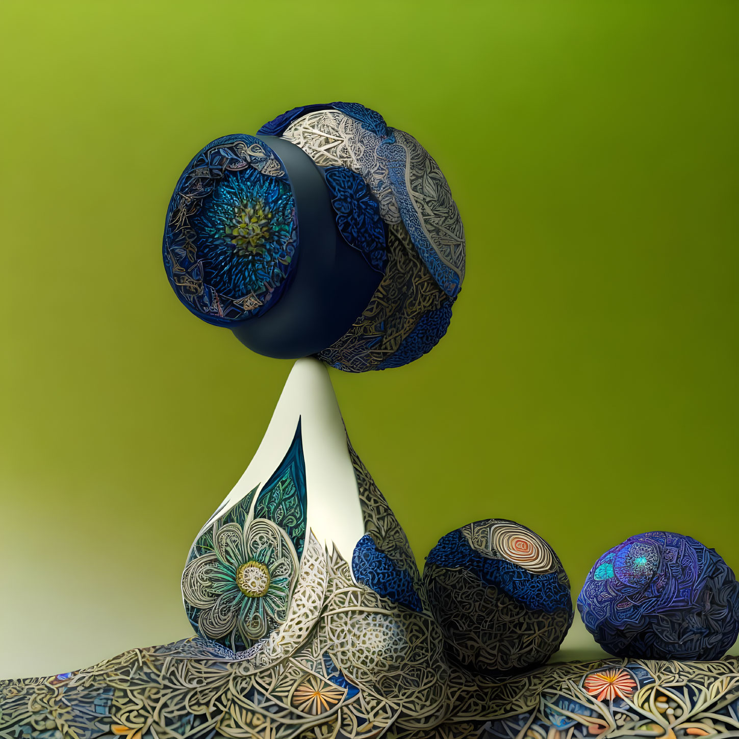 Symmetrical 3D digital art: intricate patterns on spherical shapes on pointed base, green-yellow gradient