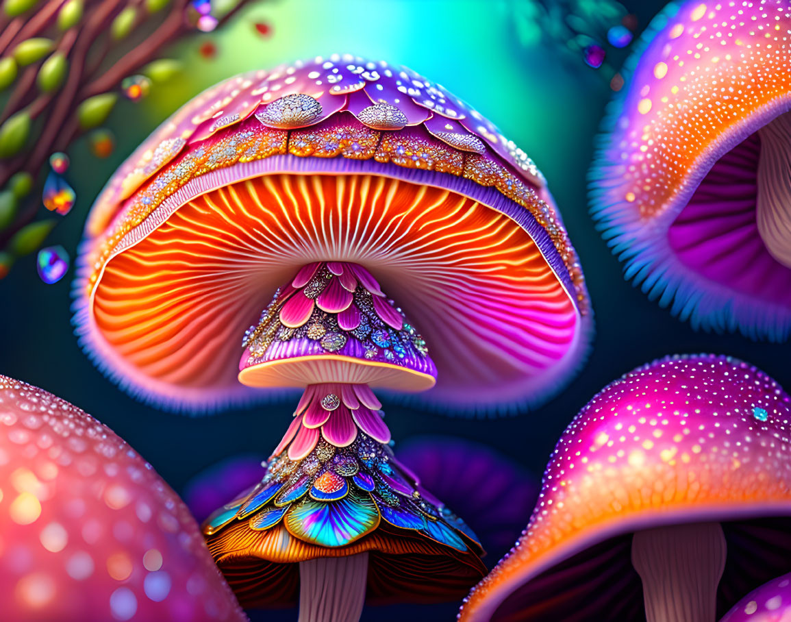 Colorful digital artwork of intricate, vibrant mushrooms under soft light