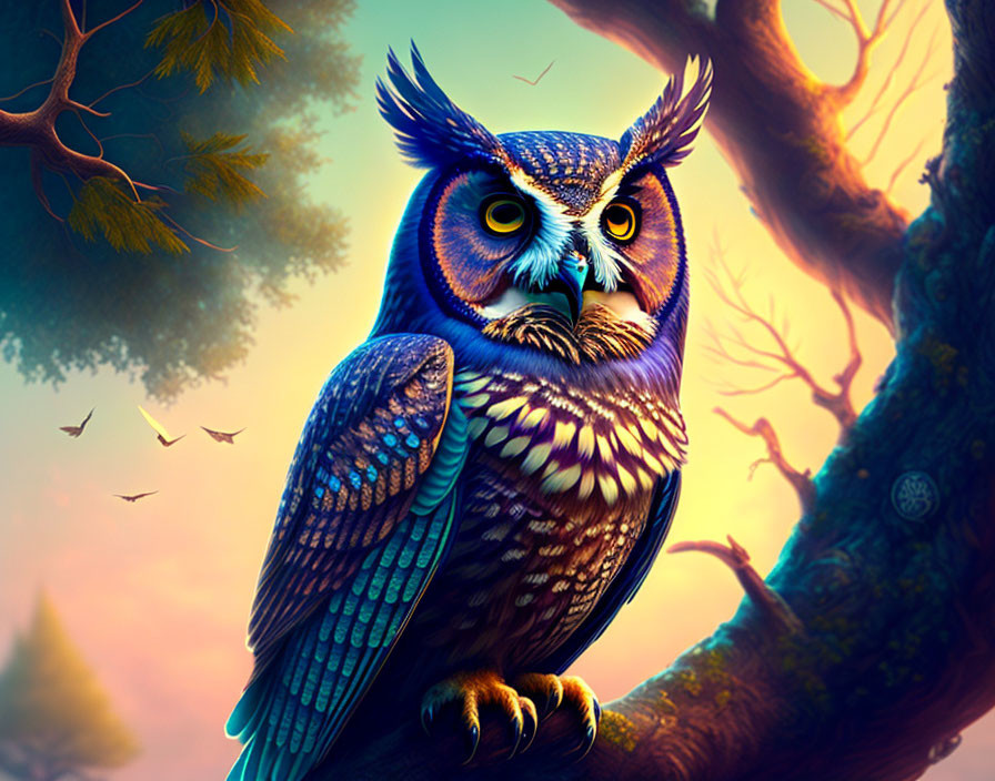 Colorful Owl Perched on Branch in Twilight Scene