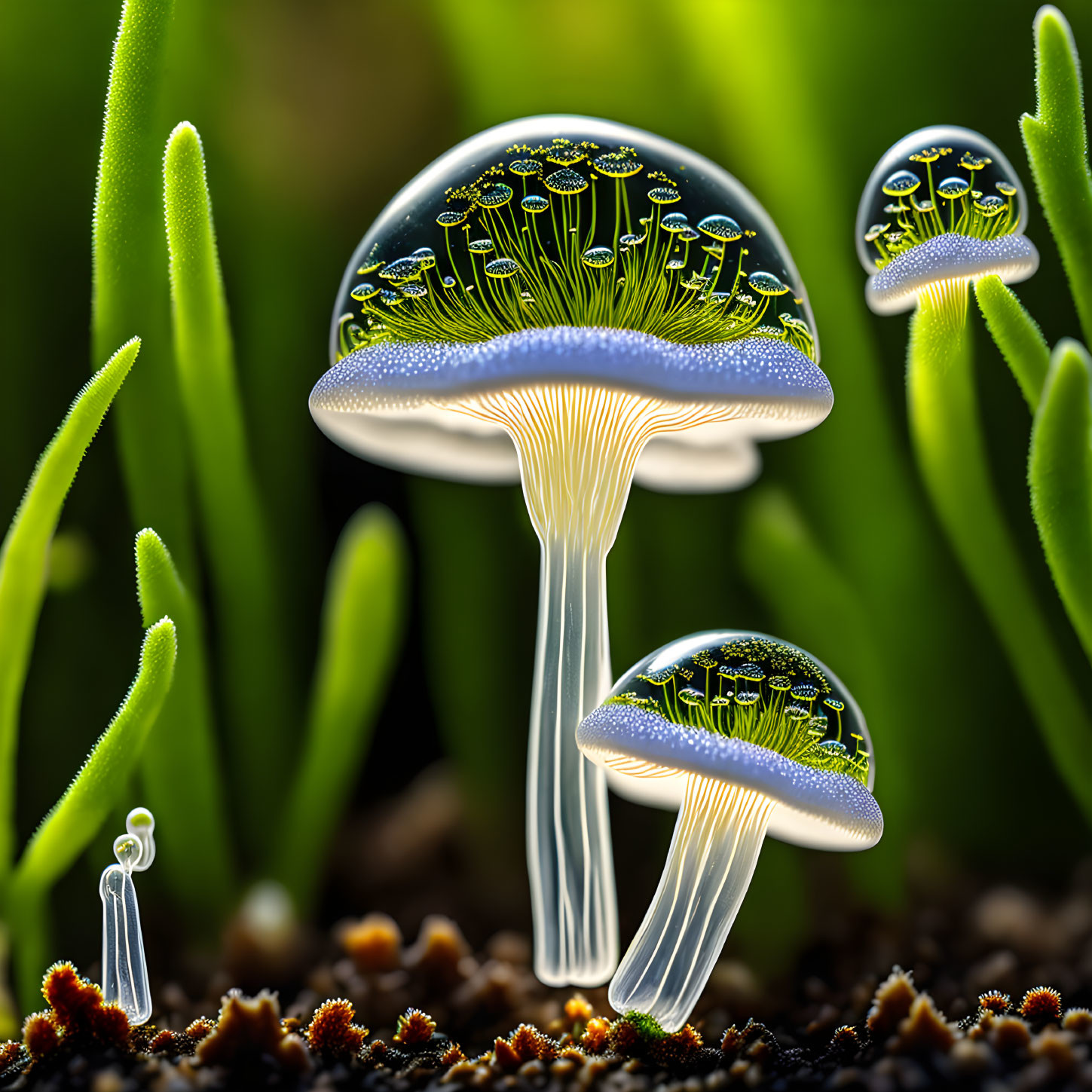 Surreal bioluminescent mushrooms in green environment with miniature figures