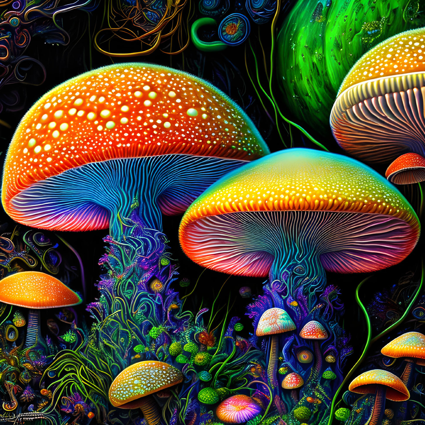 Colorful Psychedelic Mushrooms on Dark Background with Fluorescent Details