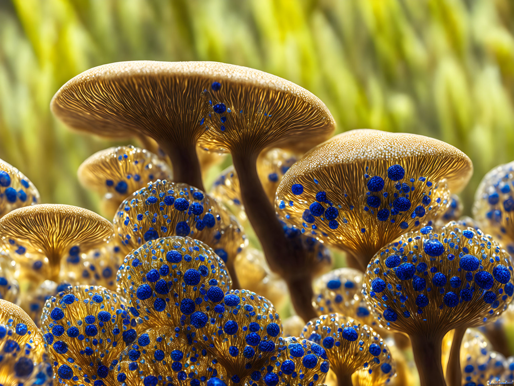 Surreal macro fungi with blue-tipped growths on blurred green background