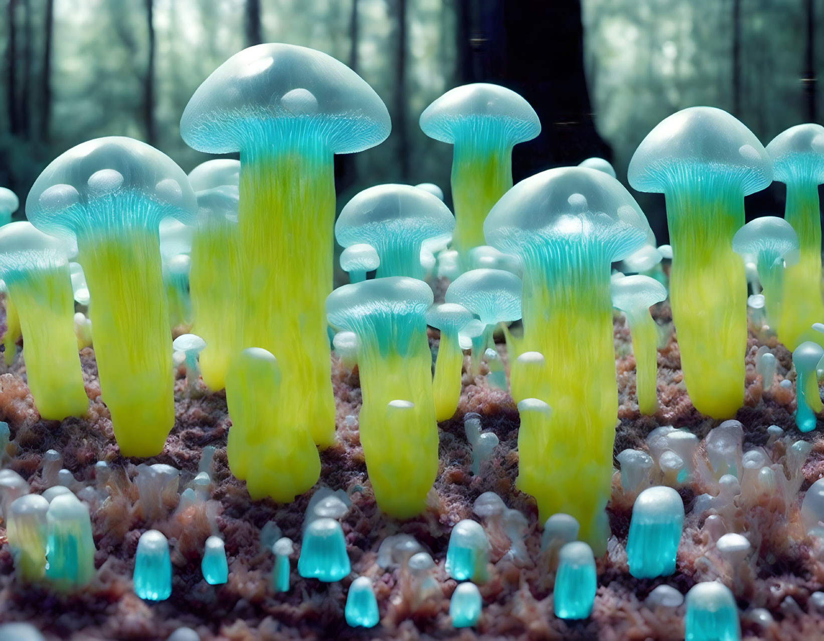 Glowing bioluminescent mushrooms in dark forest