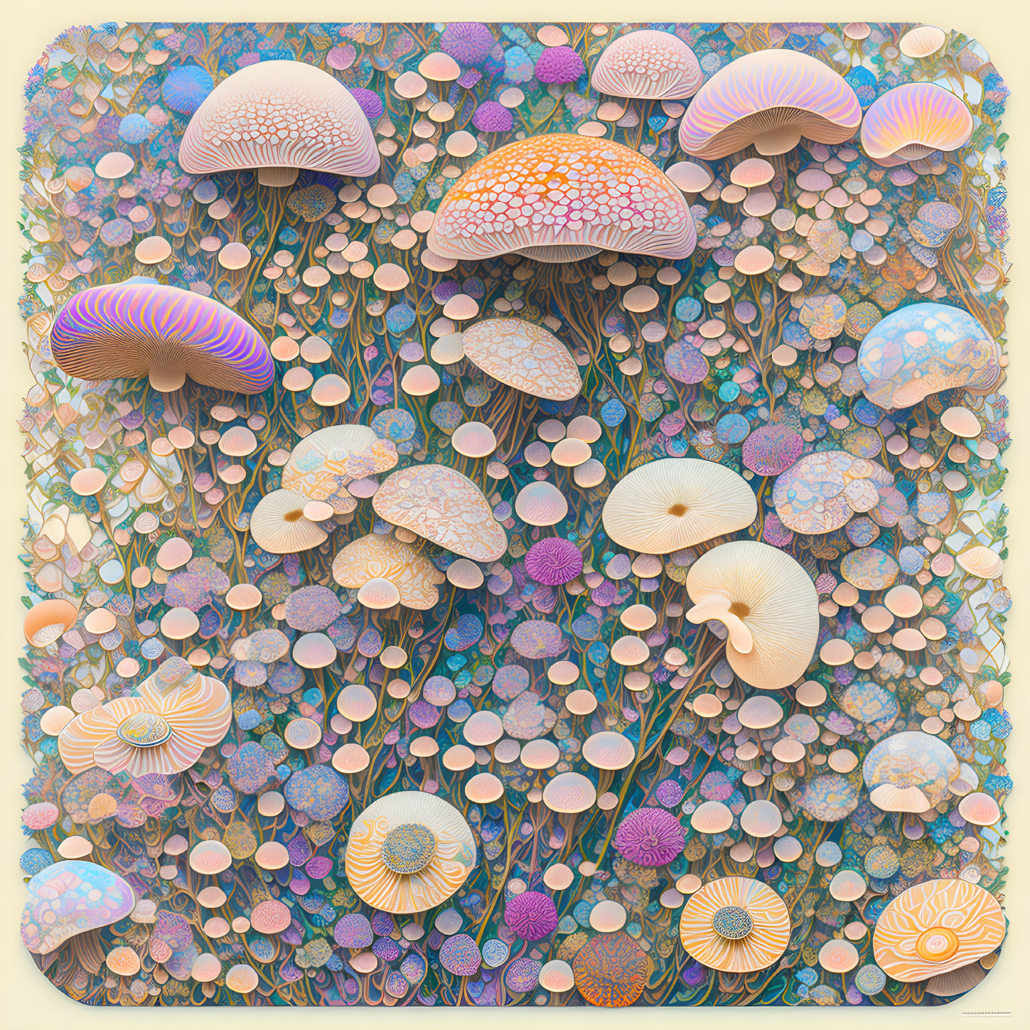 Colorful Mushroom Artwork with Floral Background