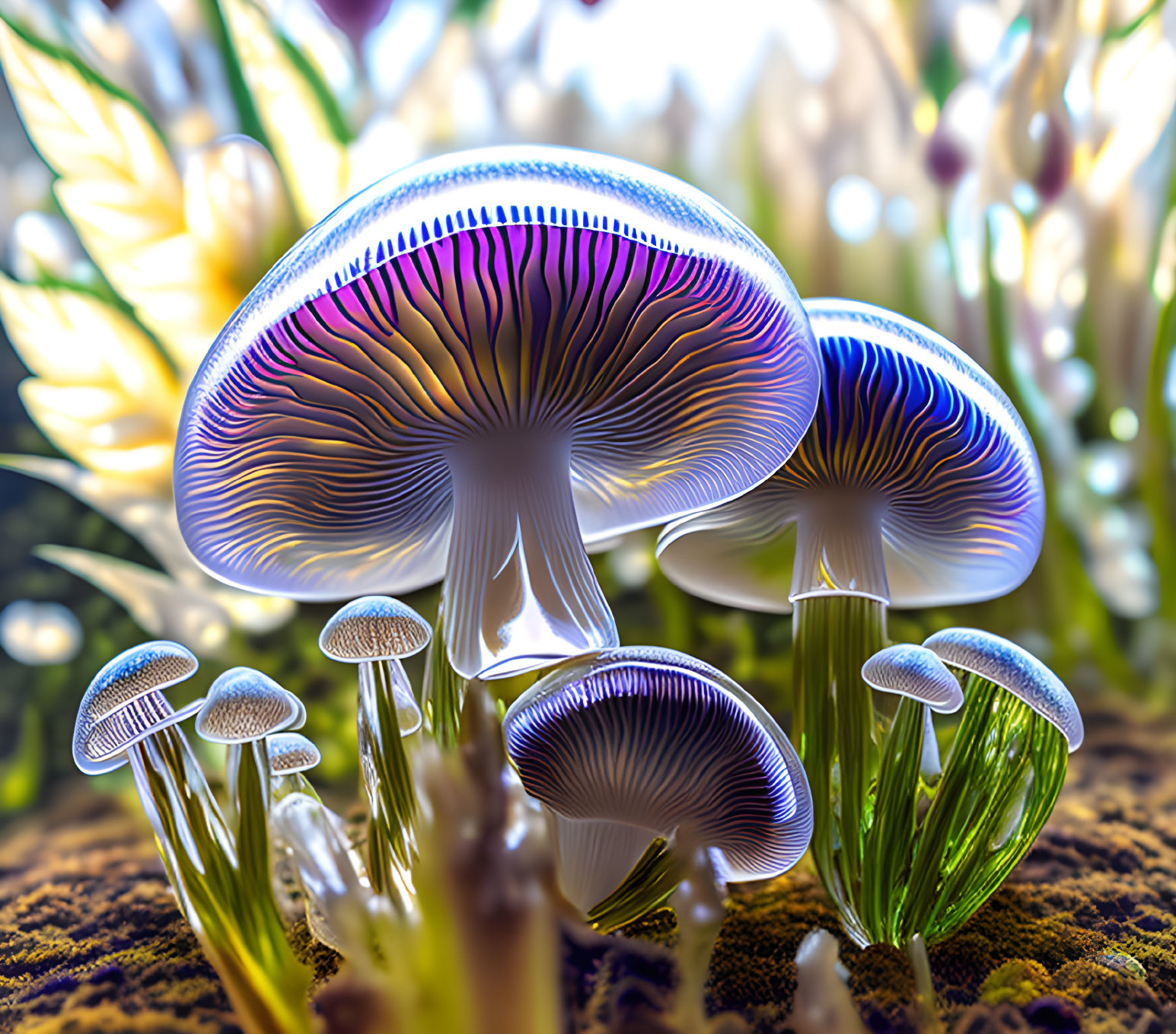 Colorful Digital Art: Iridescent Mushrooms in Luminescent Setting