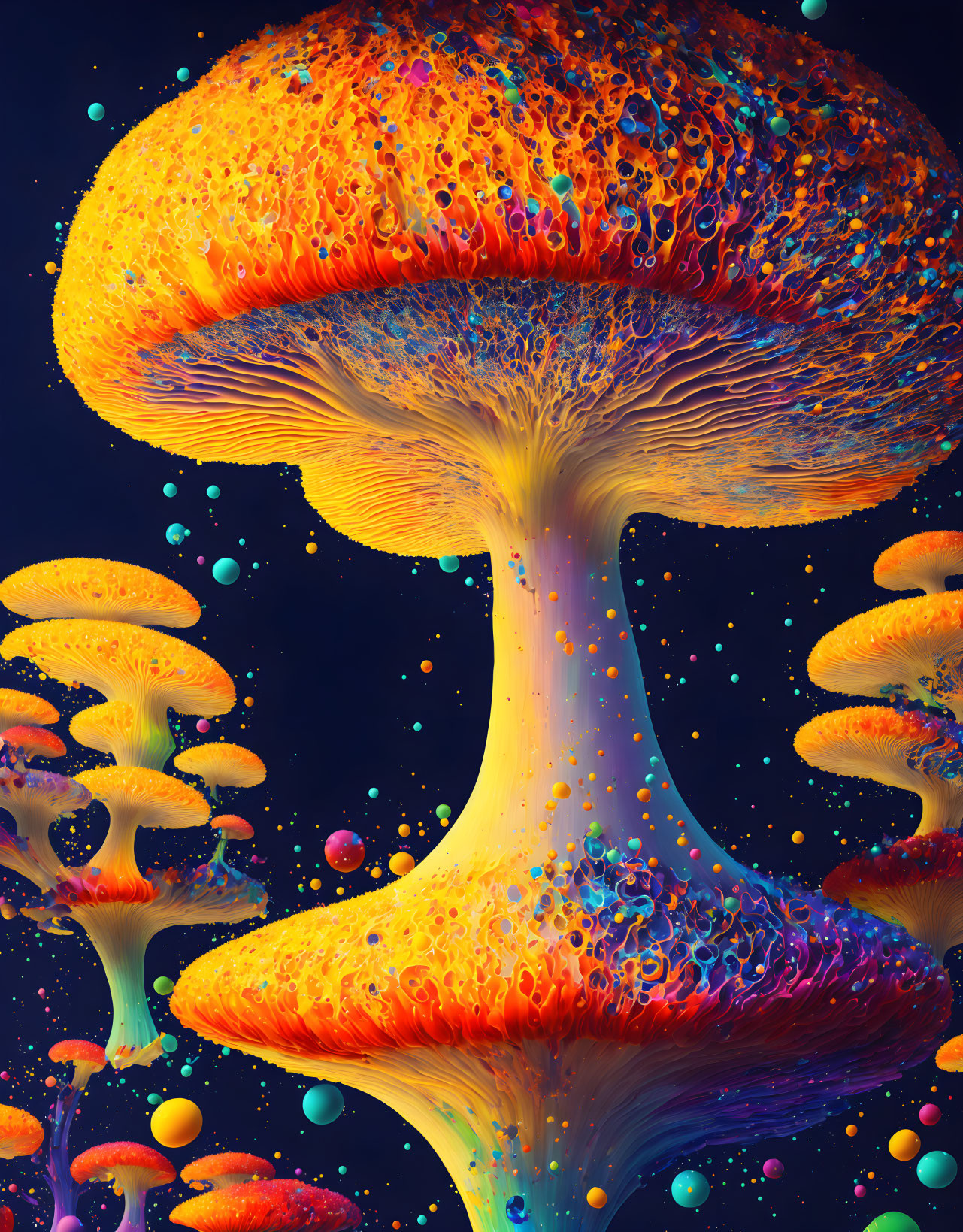 Colorful luminescent mushrooms on dark, starry background