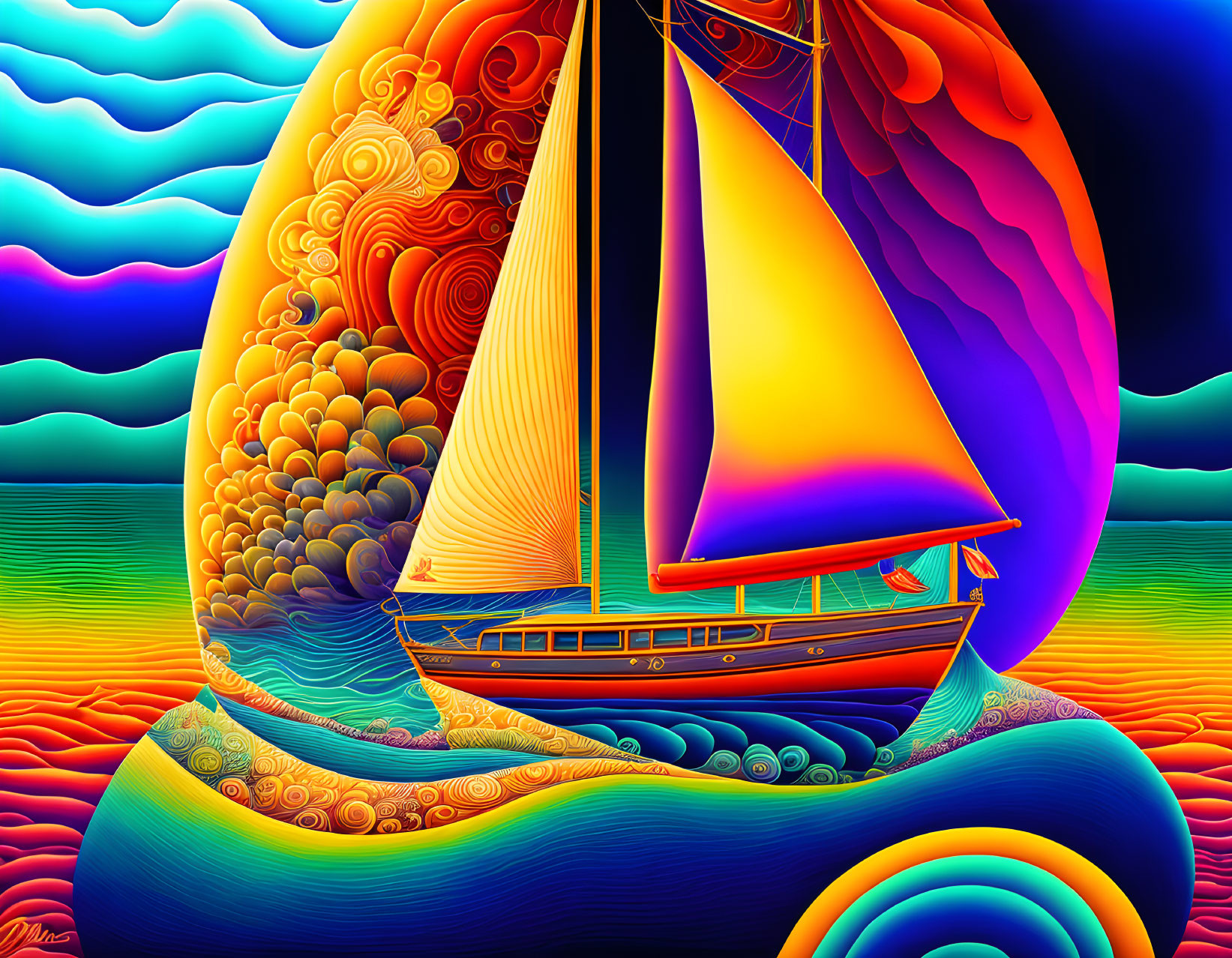 Colorful Sailboat Illustration on Psychedelic Seas