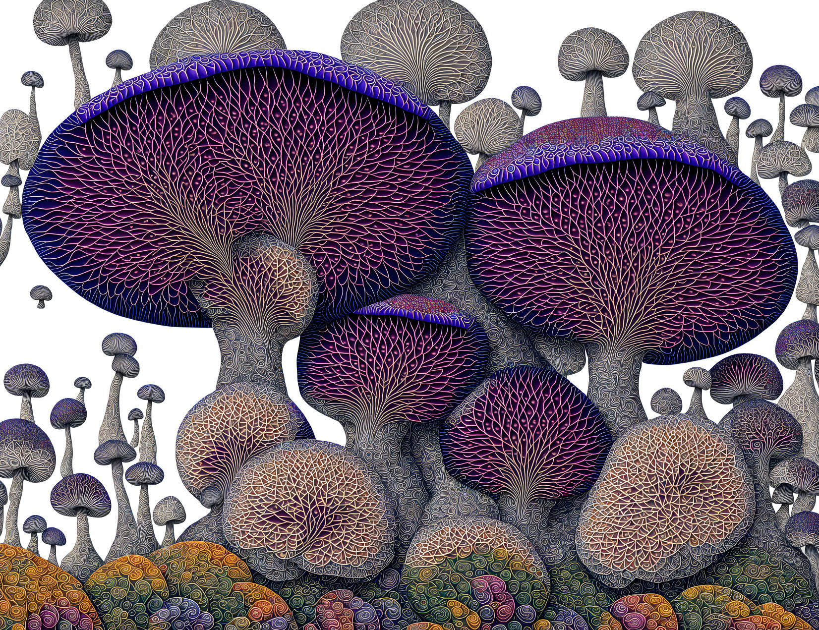 Detailed Illustration of Stylized Mushrooms with Colorful Textured Appearance