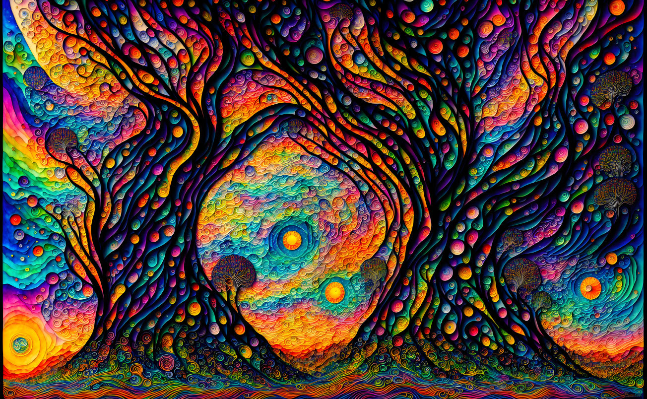 Colorful swirling tree patterns in vibrant psychedelic artwork