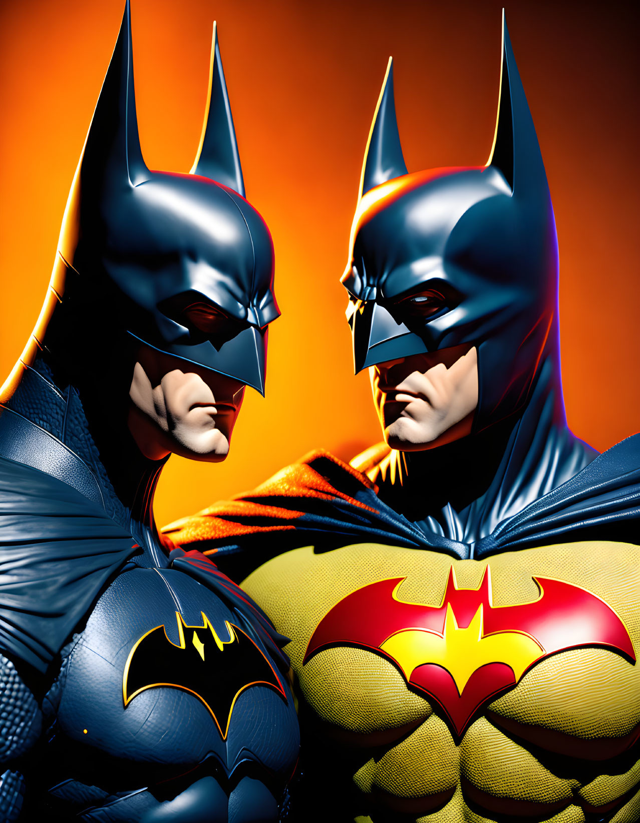 Dual Batman Figures in Profile: Black and Blue/Yellow Suits on Orange Background