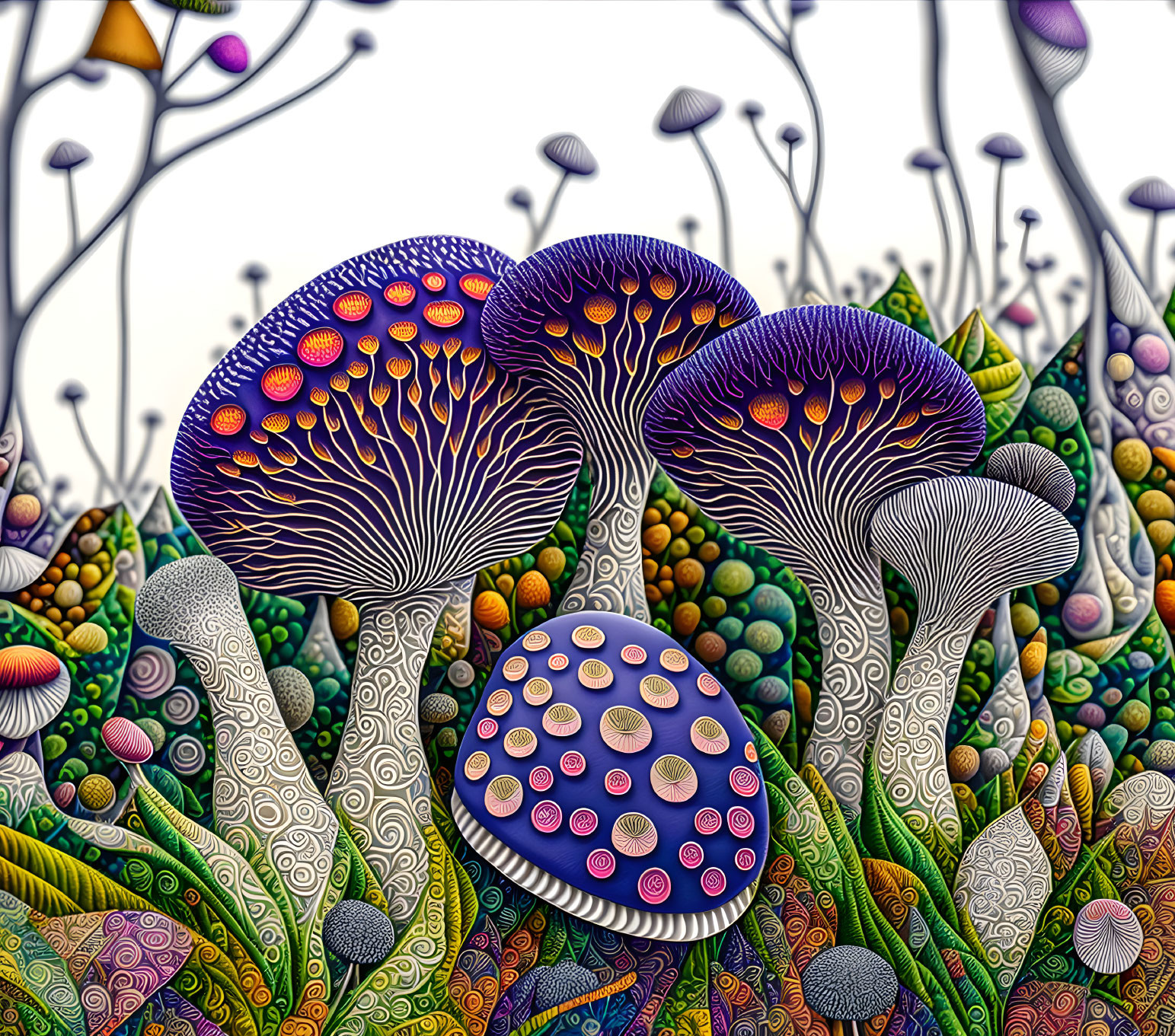 Colorful Mushroom Illustration in Fantastical Undergrowth