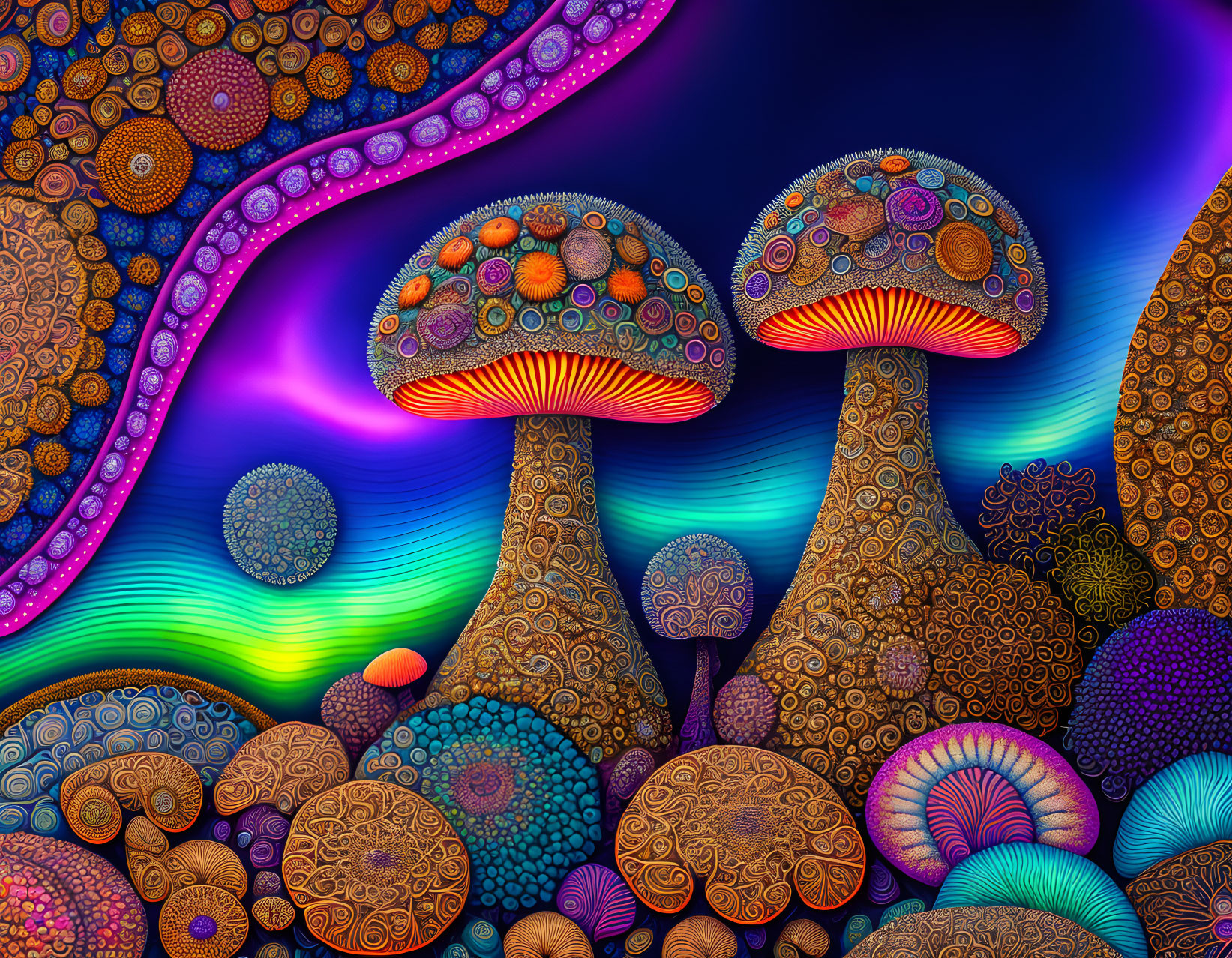 Colorful Stylized Mushroom Artwork on Abstract Background