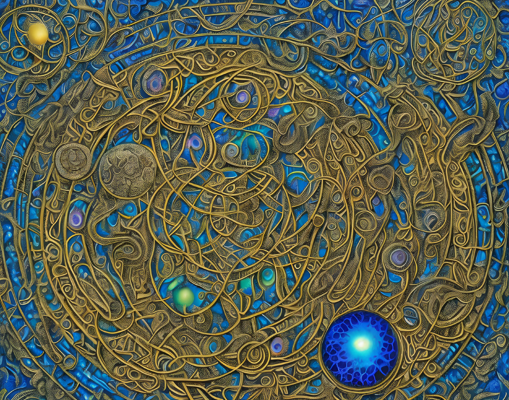 Intricate Abstract Design with Swirling Patterns in Blue, Gold, and Bronze