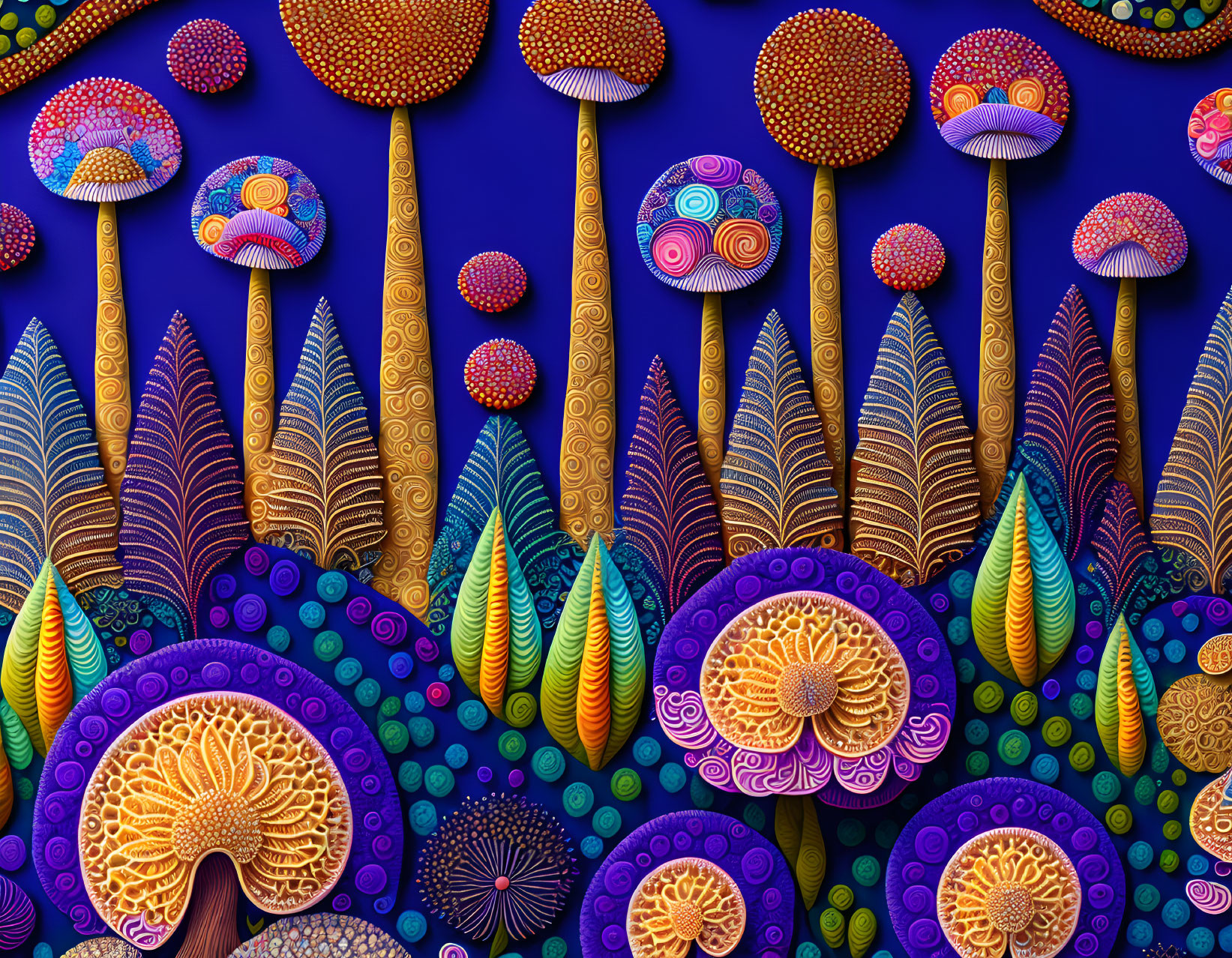 Colorful digital artwork: Whimsical trees and mushrooms on blue background