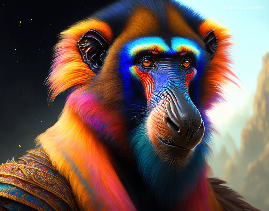 Colorful Mandrill Digital Painting with Detailed Armor-like Garment